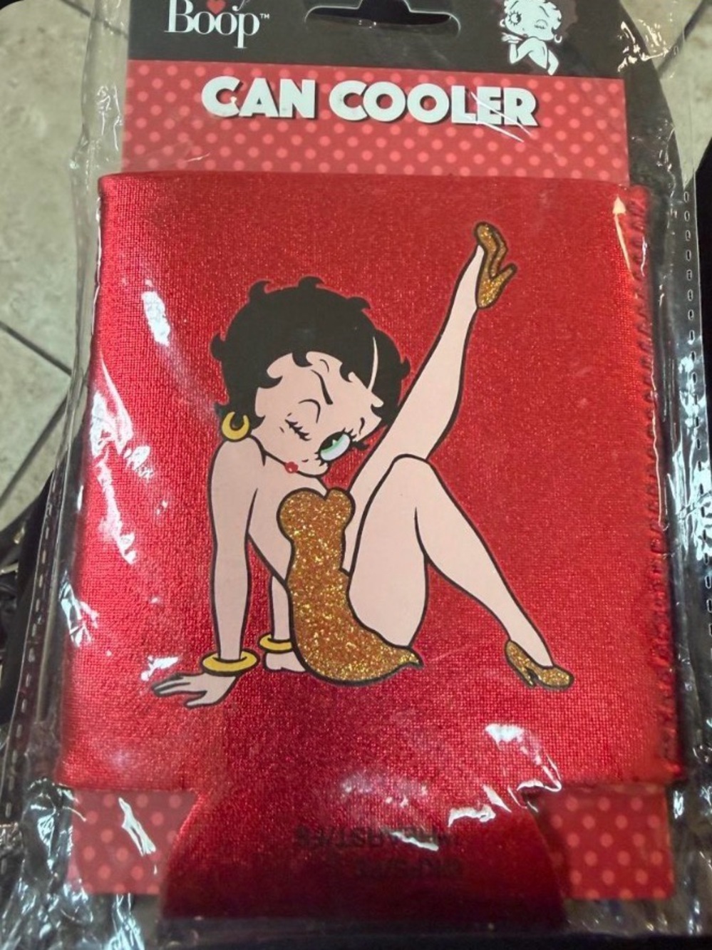 Betty Boop Red Glitter Can Cooler with Gold Accent Artwork